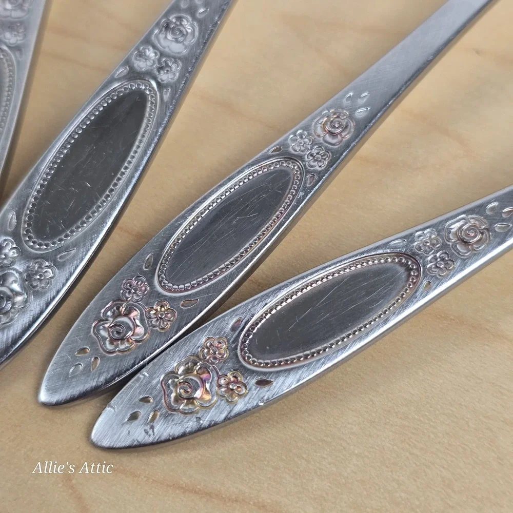 4 Oneida Stainless Table Teaspoons Set‎ Vignette Floral Rose Community Flatware